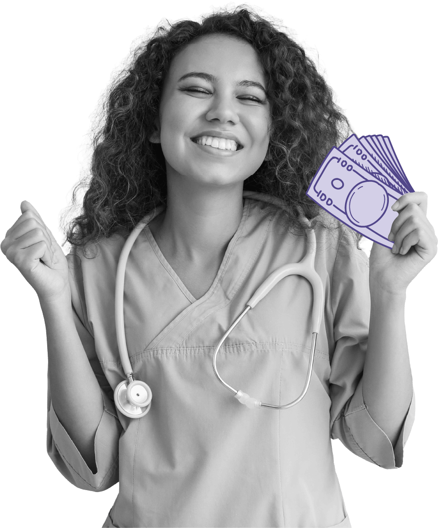 Young woman nurse who is excited and holding money in hand.